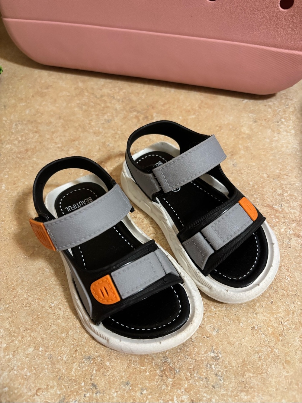 Kids Gray and Black Velcro Sandals with Orange Accents